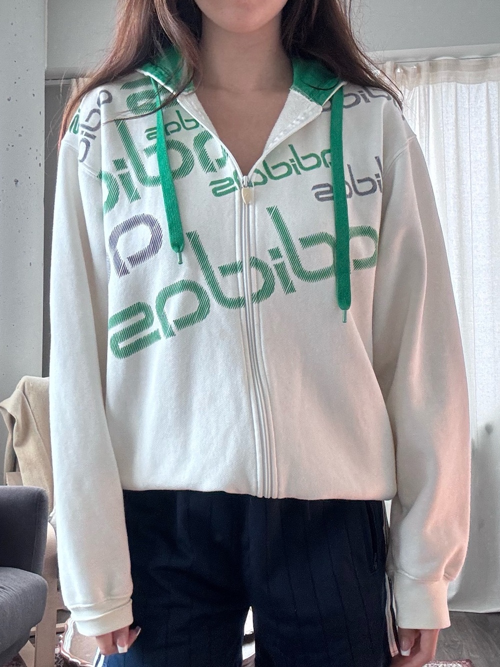 Adidas White & Green Logo Zip Hoodie